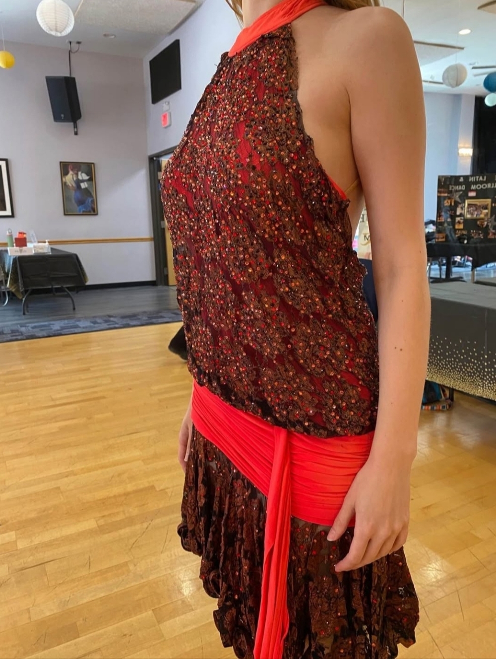 Dore Red and Brown Rhythm/Latin Halter Ballroom Dress